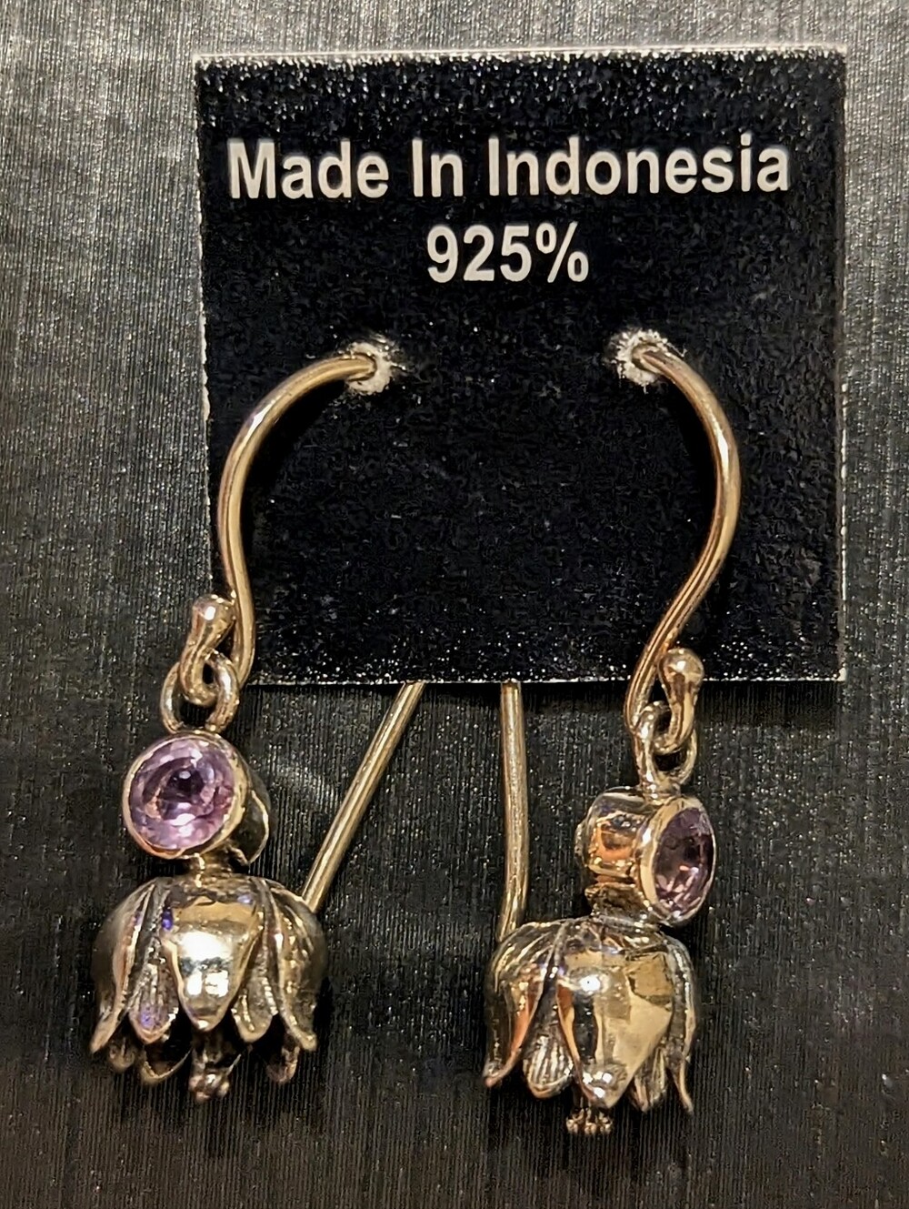Sterling Silver Bali made Flower And Amethyst  Dangle Earrings - Picture 6 of 8